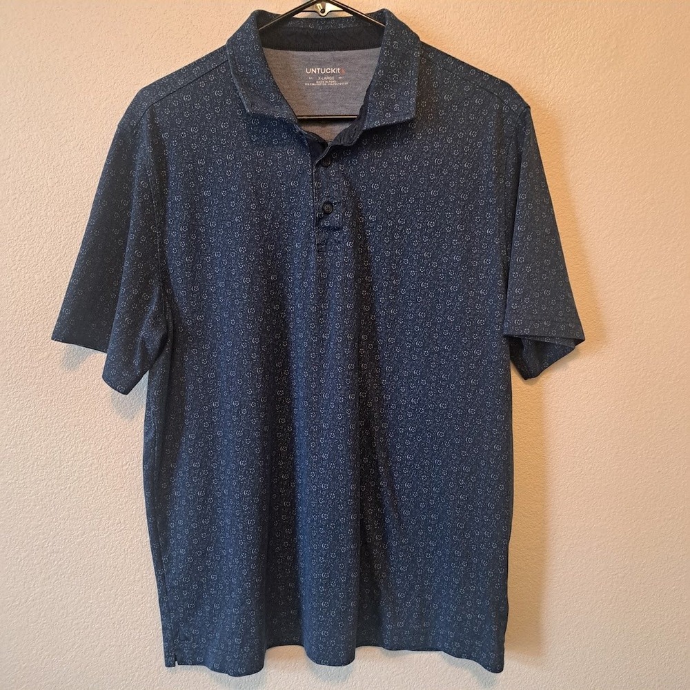 UNTUCKit Beaux Printed Polo Shirt Mens XL Navy Blue Geometric Floral 40235